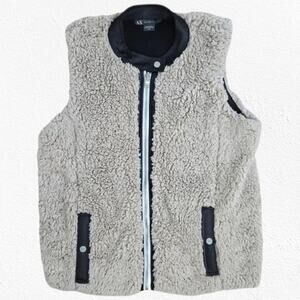 Armani Exchange Tan Black Sherpa Faux Fur Reversible Full Zip Vest Size Medium